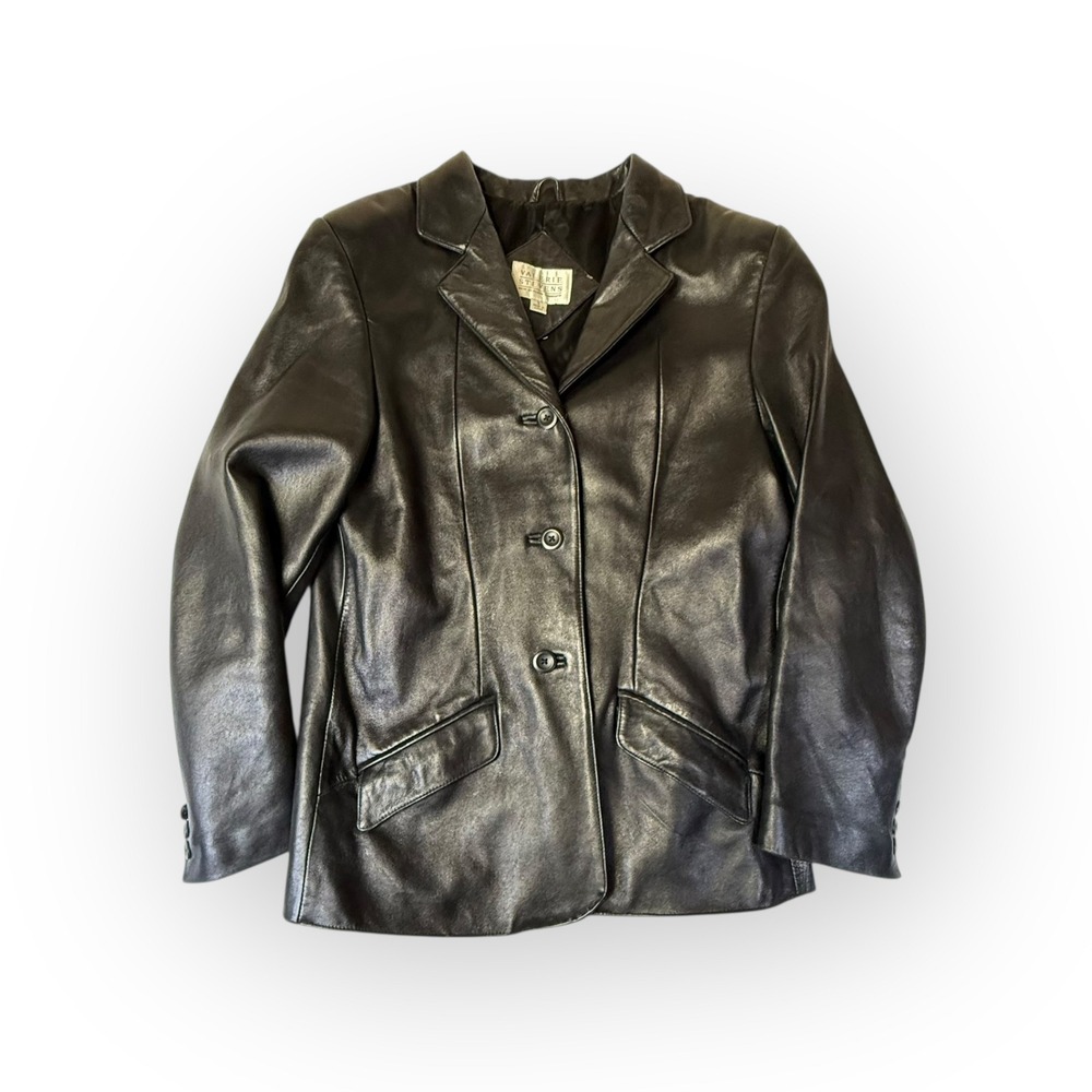VTG SOFT‎ Valerie Stevens Black Genuine Leather Blazer Jacket Size S Button